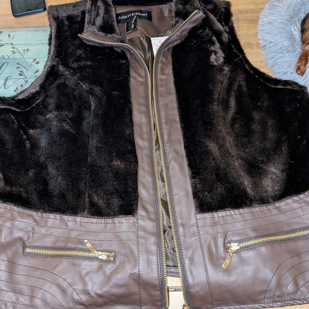 Ashley Stewart Faux Fur & Leather-Look Vest in Dark Brown